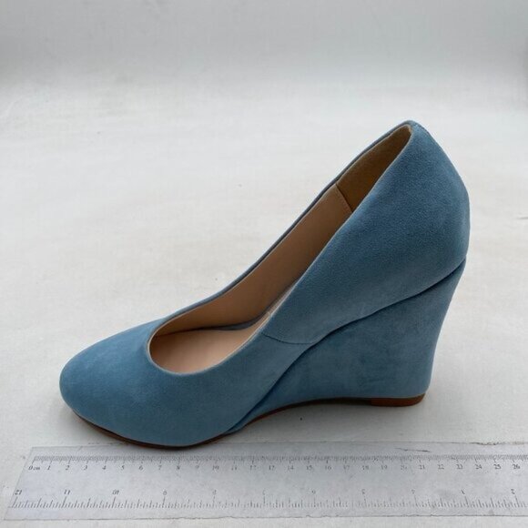 FOWT Women's Classic Wedge Pumps Basic Closed Almond Toe Thick High Heels Blue - Picture 2 of 8